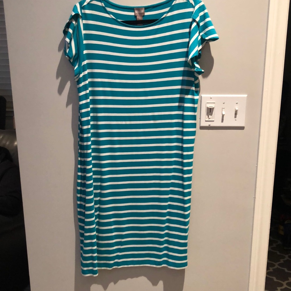 Chico’s turquoise and white striped rayon dress. Good condition!